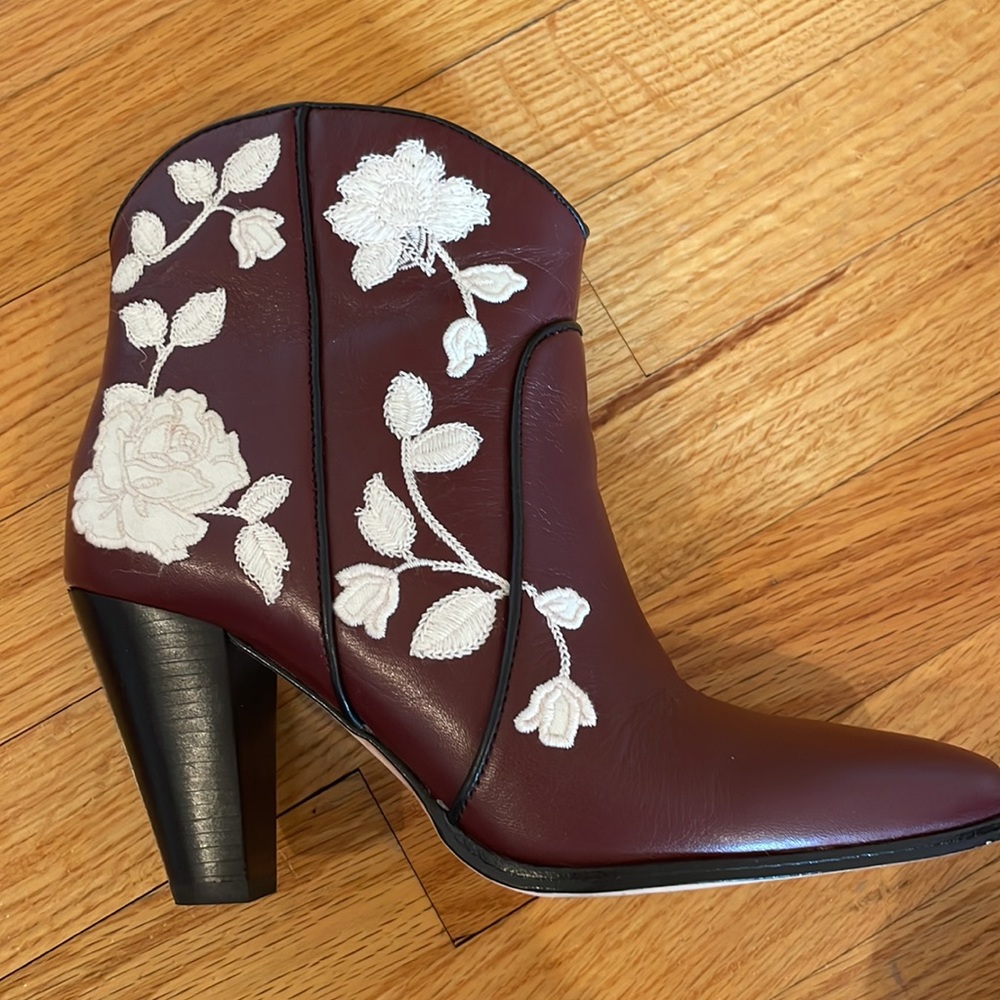 Kate Spade Burgundy Leather Ankle Boots with White Floral Embroidery - Picture 7 of 16